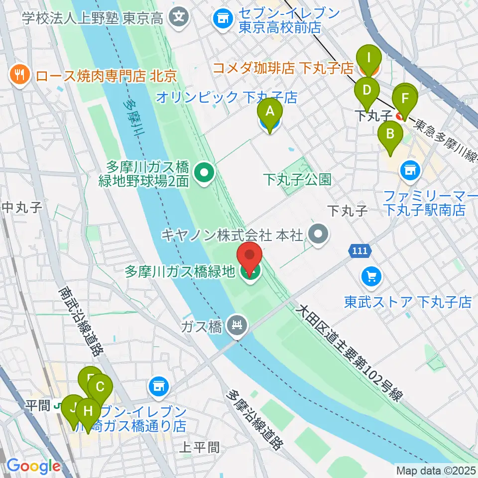 多摩川ガス橋緑地球技場周辺のカフェ一覧地図