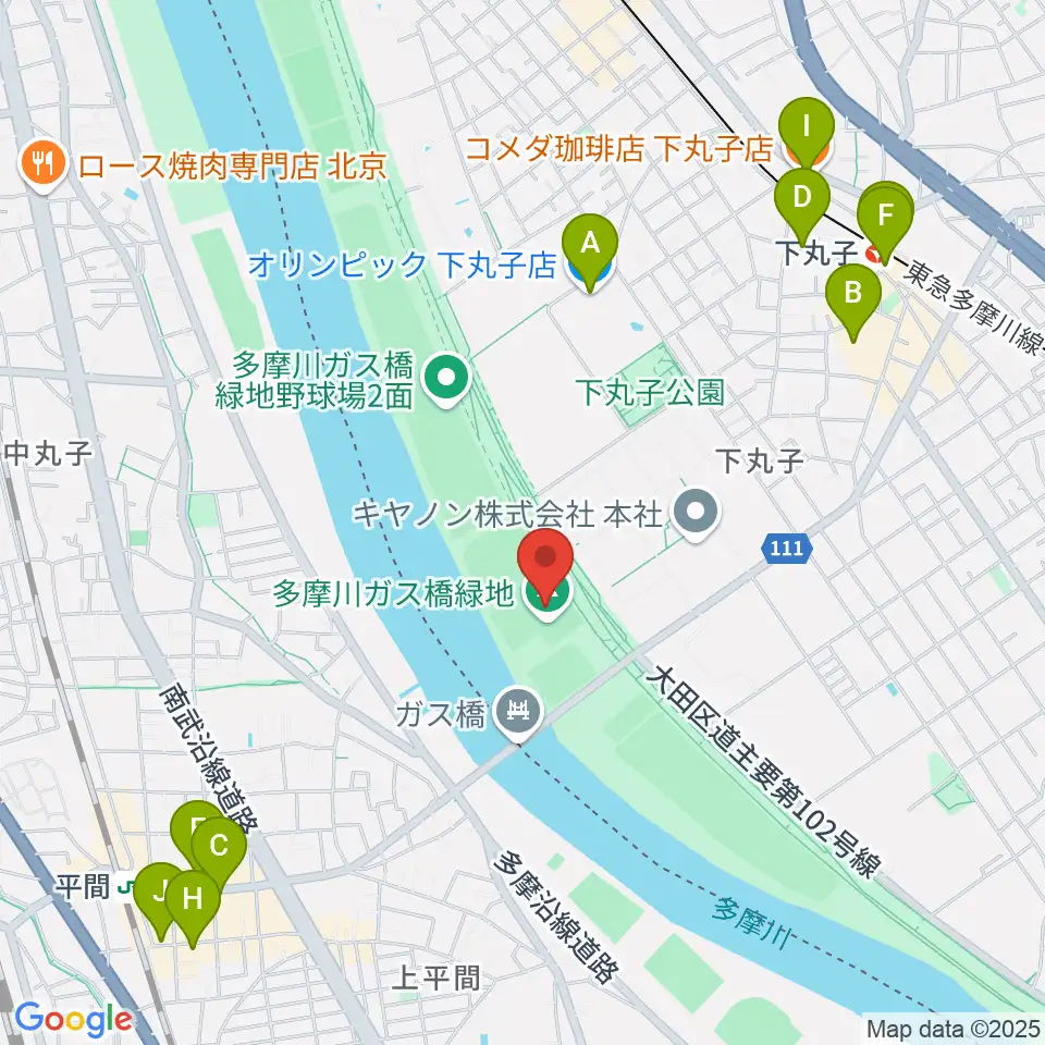 多摩川ガス橋緑地球技場周辺のカフェ一覧地図