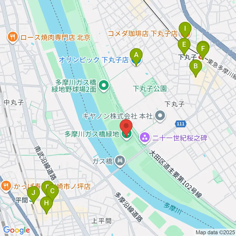 多摩川ガス橋緑地球技場周辺のカフェ一覧地図