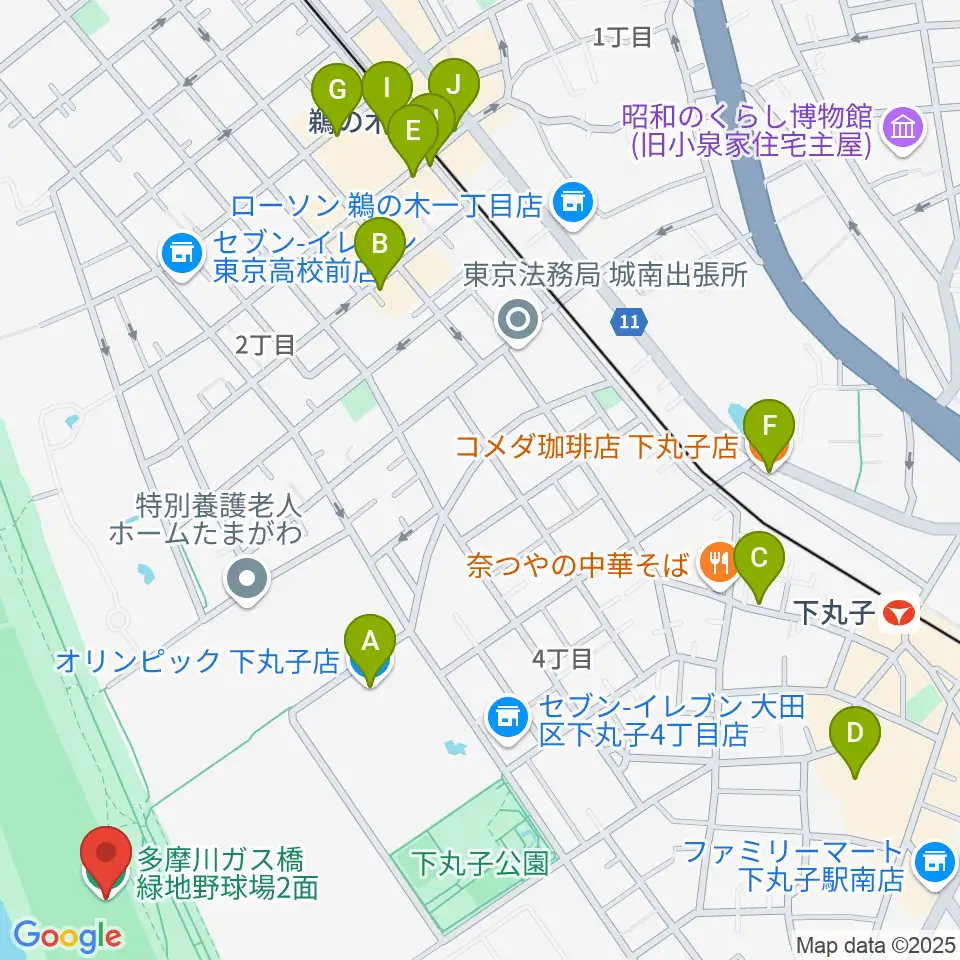 多摩川ガス橋緑地野球場周辺のカフェ一覧地図