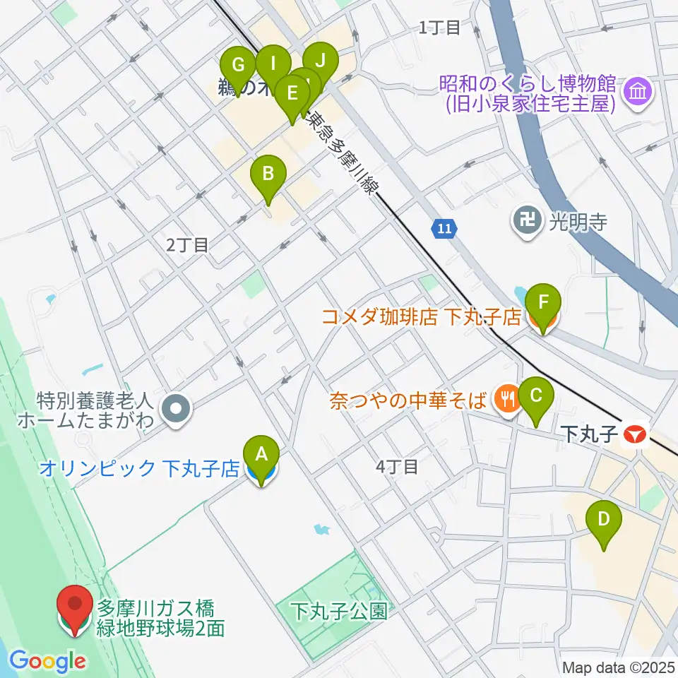 多摩川ガス橋緑地野球場周辺のカフェ一覧地図