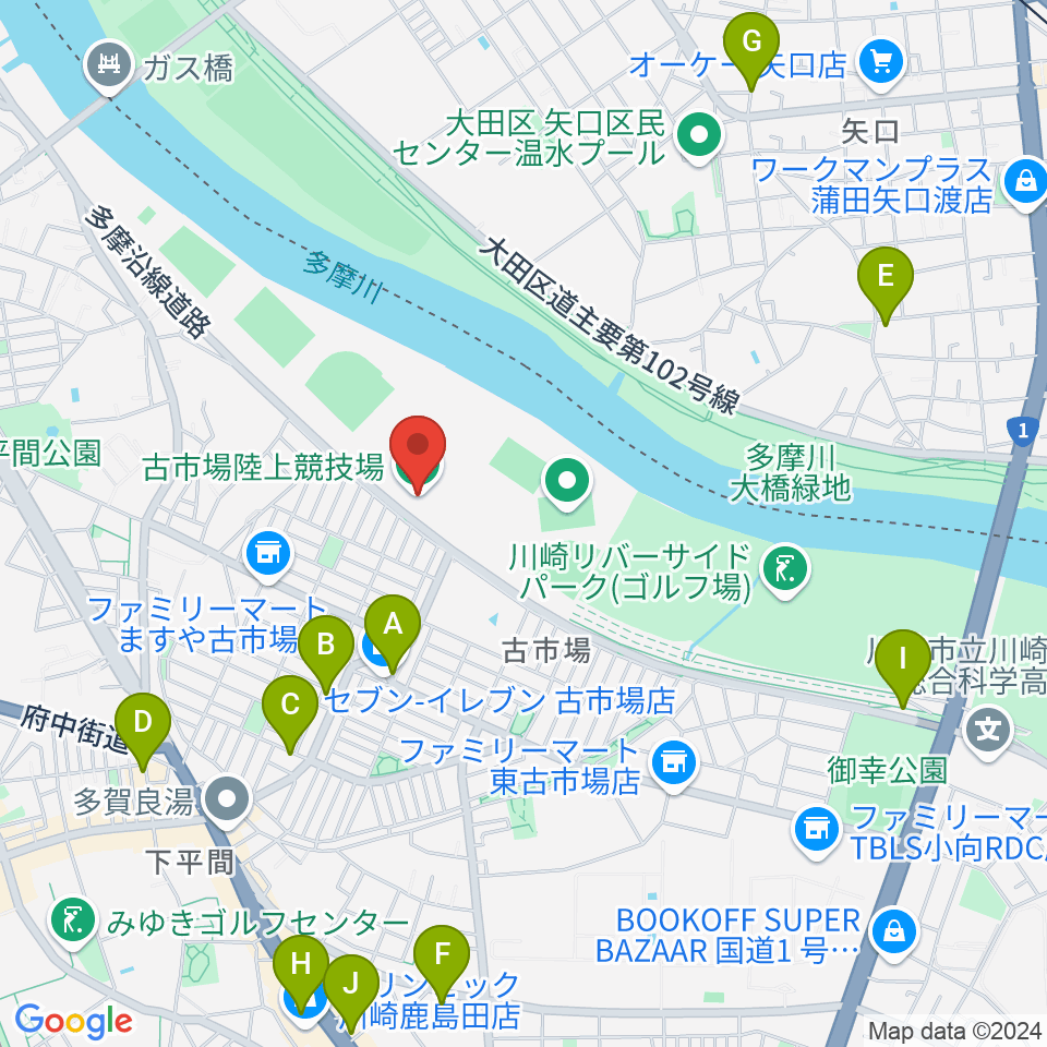 古市場陸上競技場周辺のカフェ一覧地図