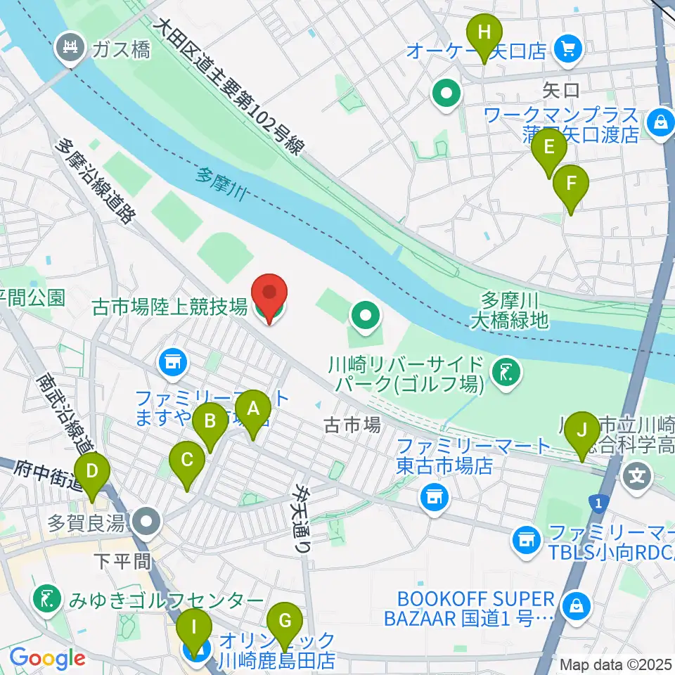 古市場陸上競技場周辺のカフェ一覧地図