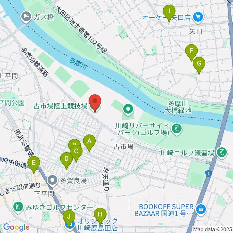 古市場陸上競技場周辺のカフェ一覧地図
