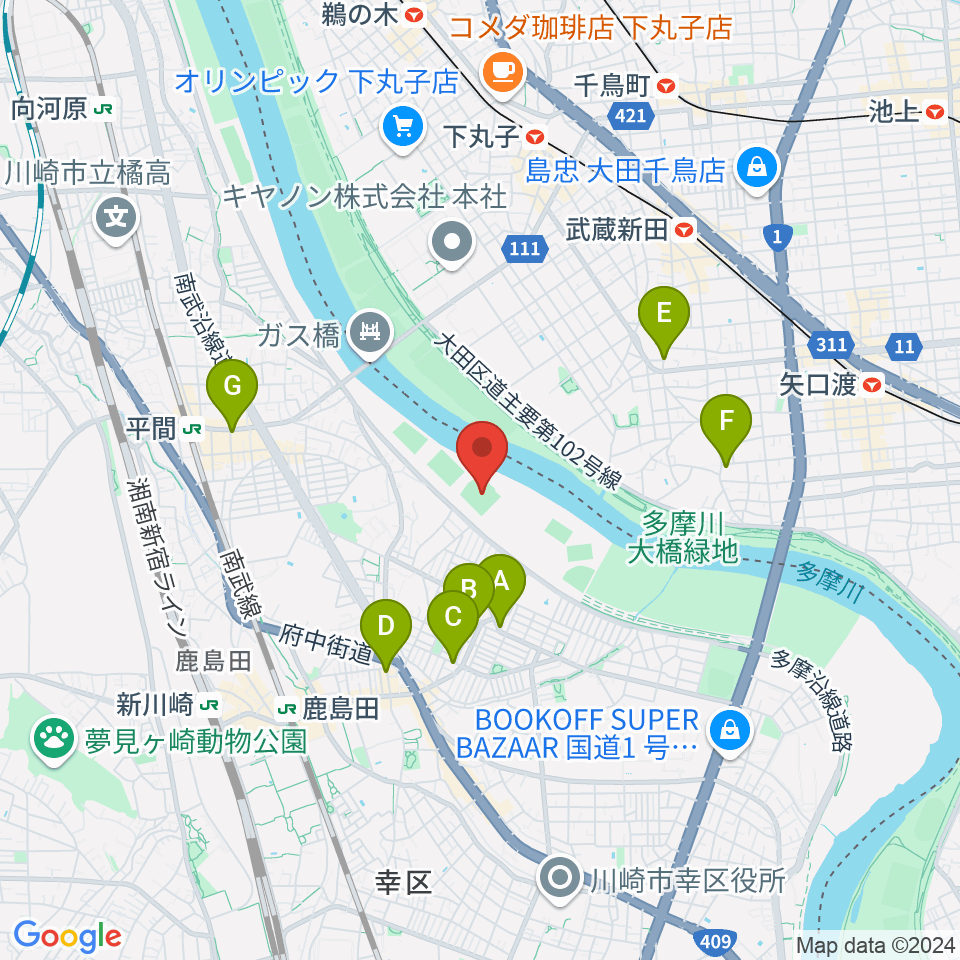 上平間球場周辺のカフェ一覧地図