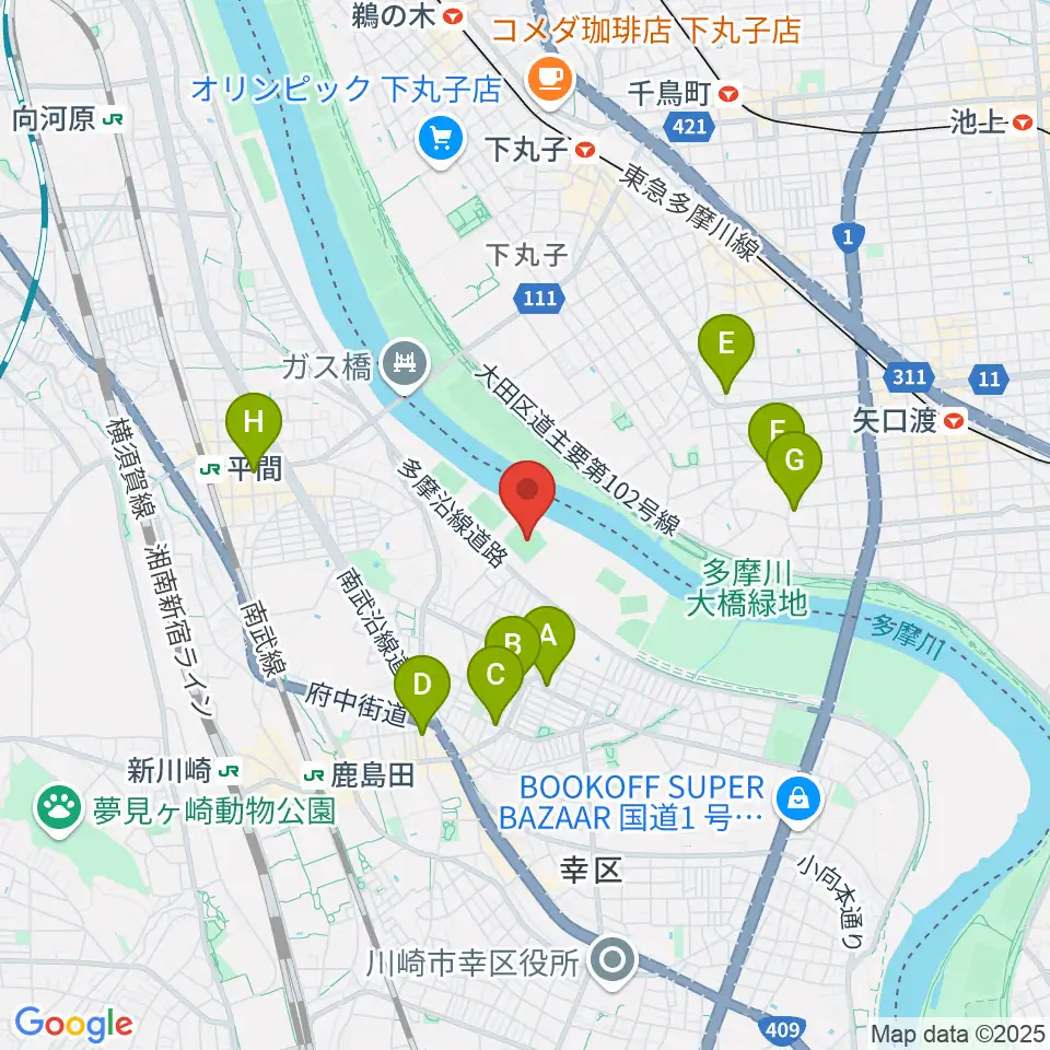 上平間球場周辺のカフェ一覧地図
