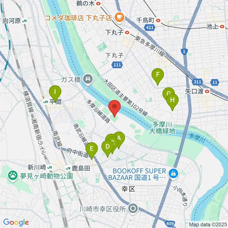 上平間球場周辺のカフェ一覧地図