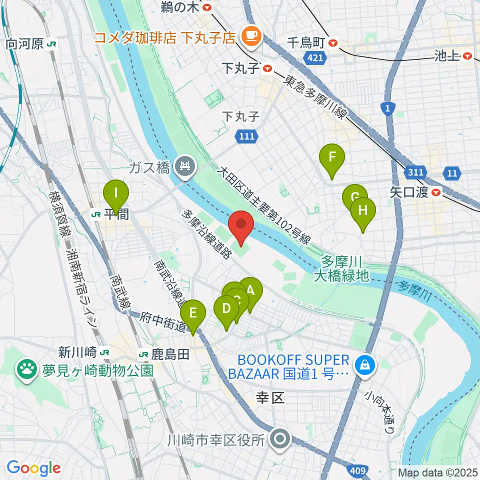 上平間球場周辺のカフェ一覧地図