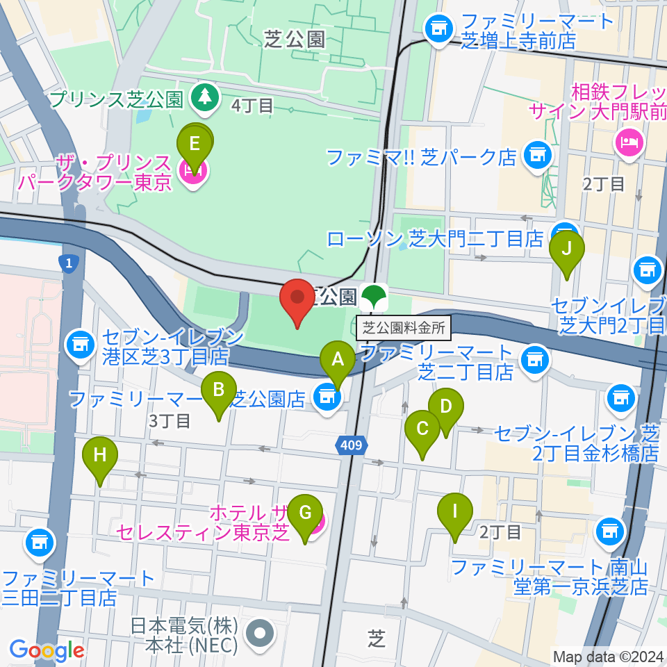 芝公園野球場周辺のカフェ一覧地図