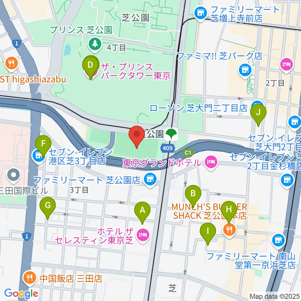 芝公園野球場周辺のカフェ一覧地図