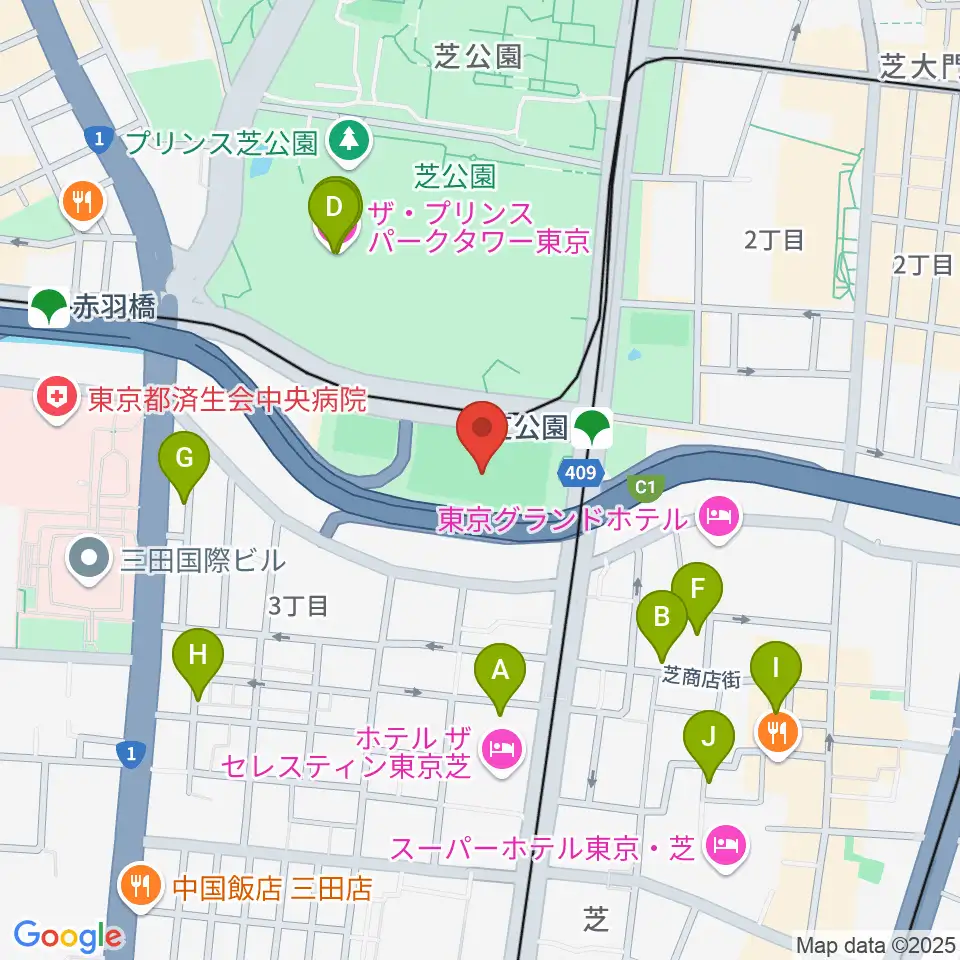 芝公園野球場周辺のカフェ一覧地図