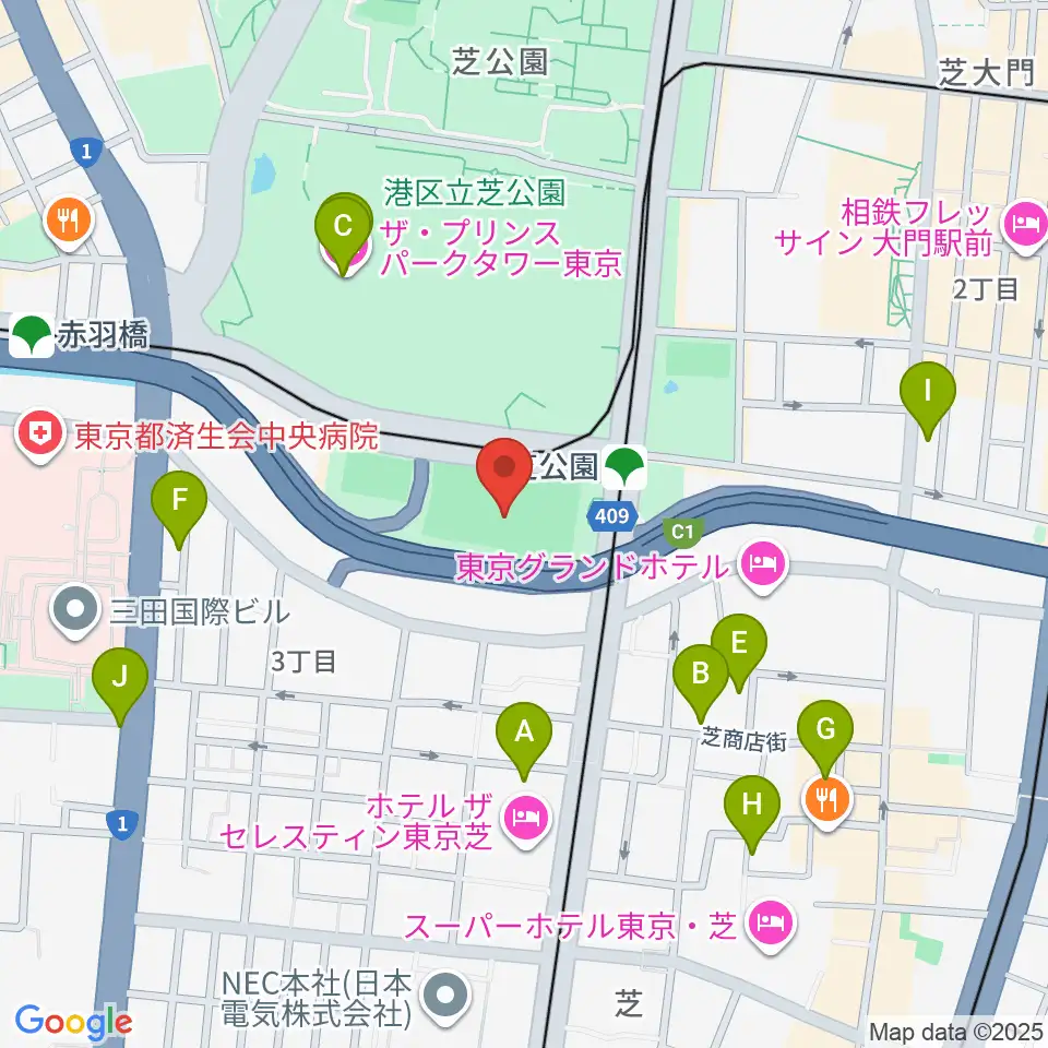 芝公園野球場周辺のカフェ一覧地図