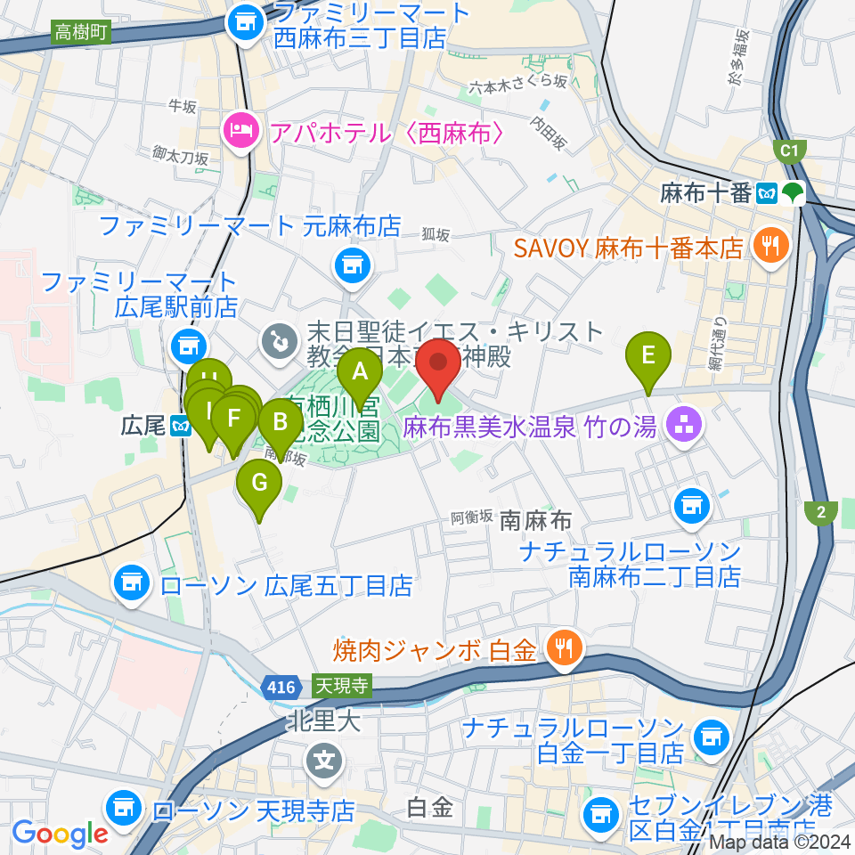 麻布運動場軟式野球場周辺のカフェ一覧地図