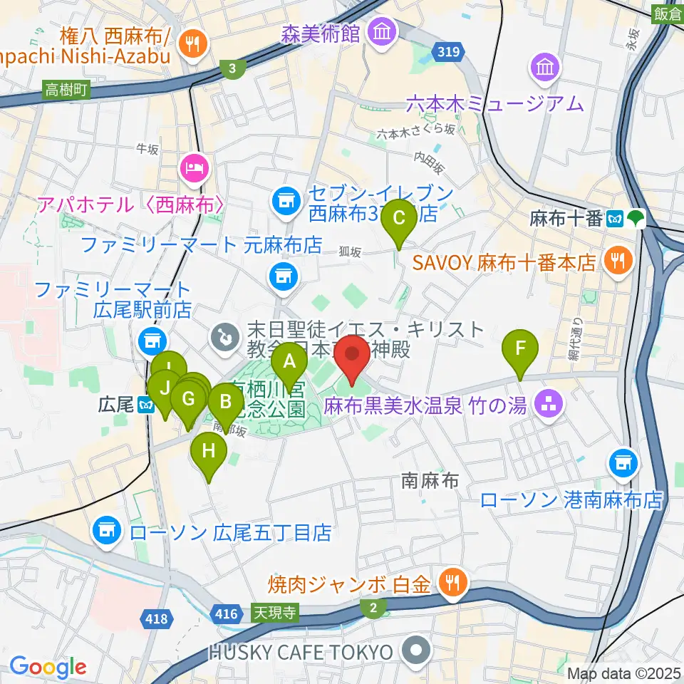 麻布運動場軟式野球場周辺のカフェ一覧地図