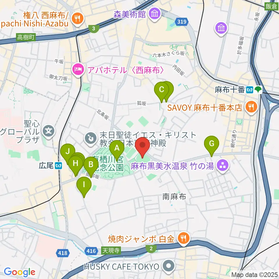 麻布運動場軟式野球場周辺のカフェ一覧地図