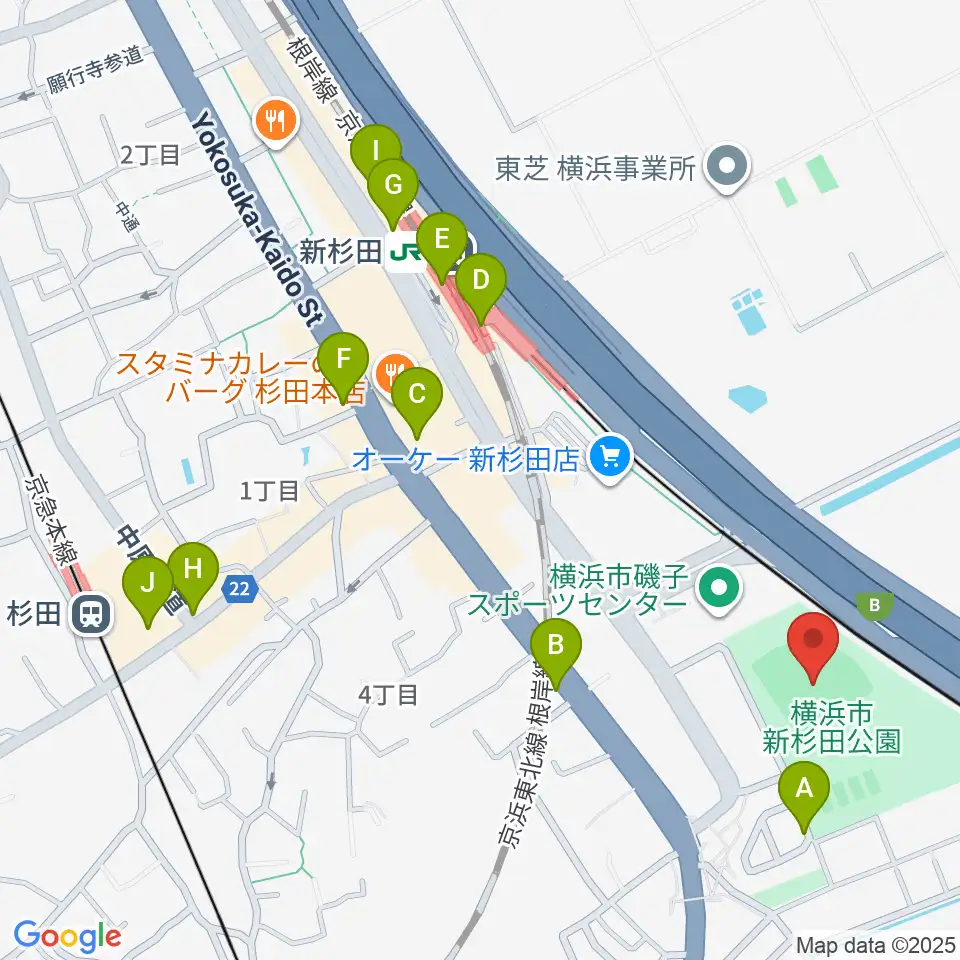 新杉田公園野球場周辺のカフェ一覧地図