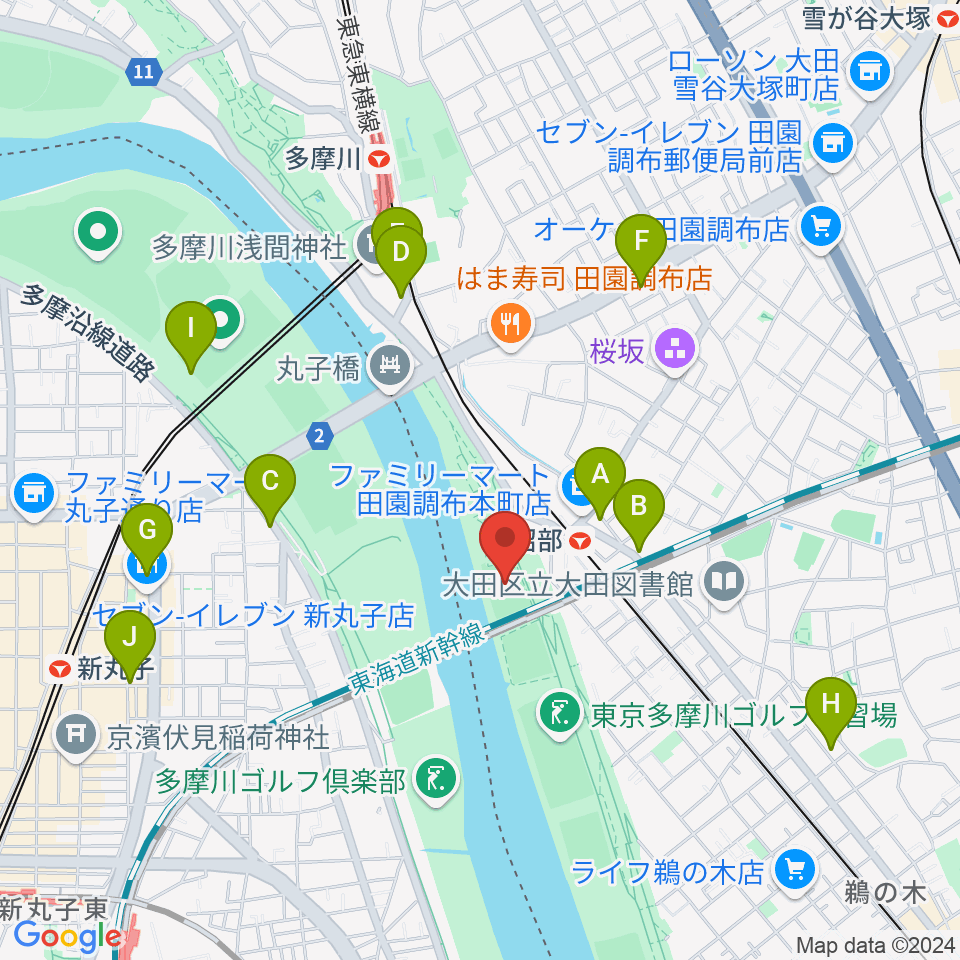 多摩川丸子橋緑地少年野球場周辺のカフェ一覧地図