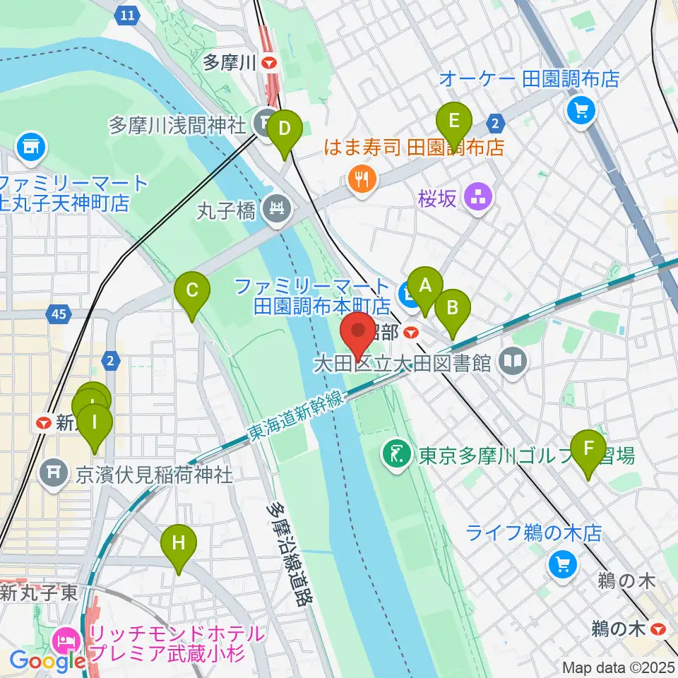 多摩川丸子橋緑地少年野球場周辺のカフェ一覧地図