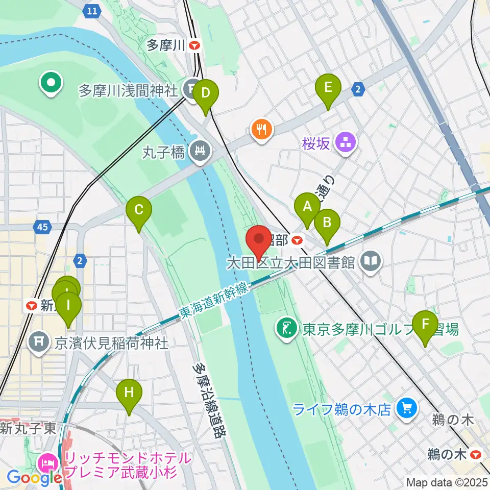 多摩川丸子橋緑地少年野球場周辺のカフェ一覧地図