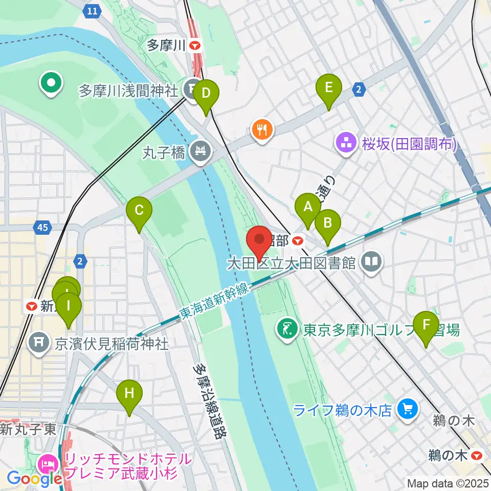 多摩川丸子橋緑地少年野球場周辺のカフェ一覧地図