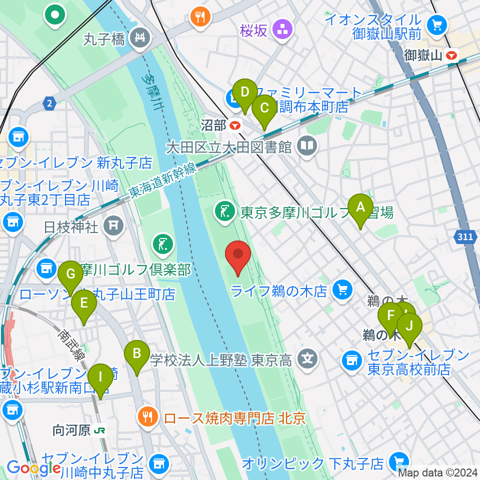 鵜の木緑地球技場周辺のカフェ一覧地図