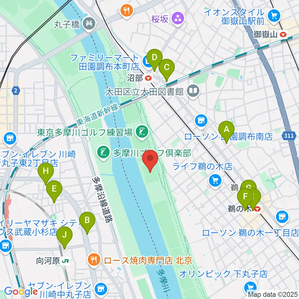 鵜の木緑地球技場周辺のカフェ一覧地図