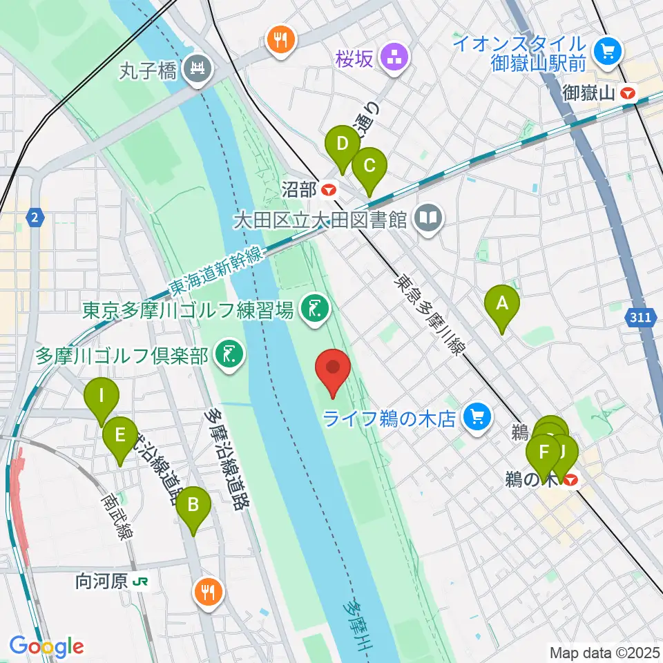 鵜の木緑地球技場周辺のカフェ一覧地図
