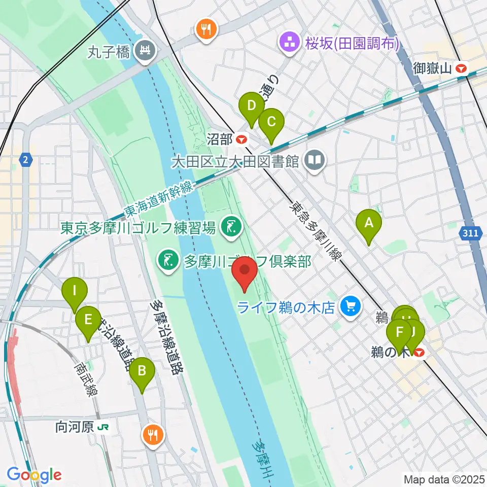 鵜の木緑地球技場周辺のカフェ一覧地図