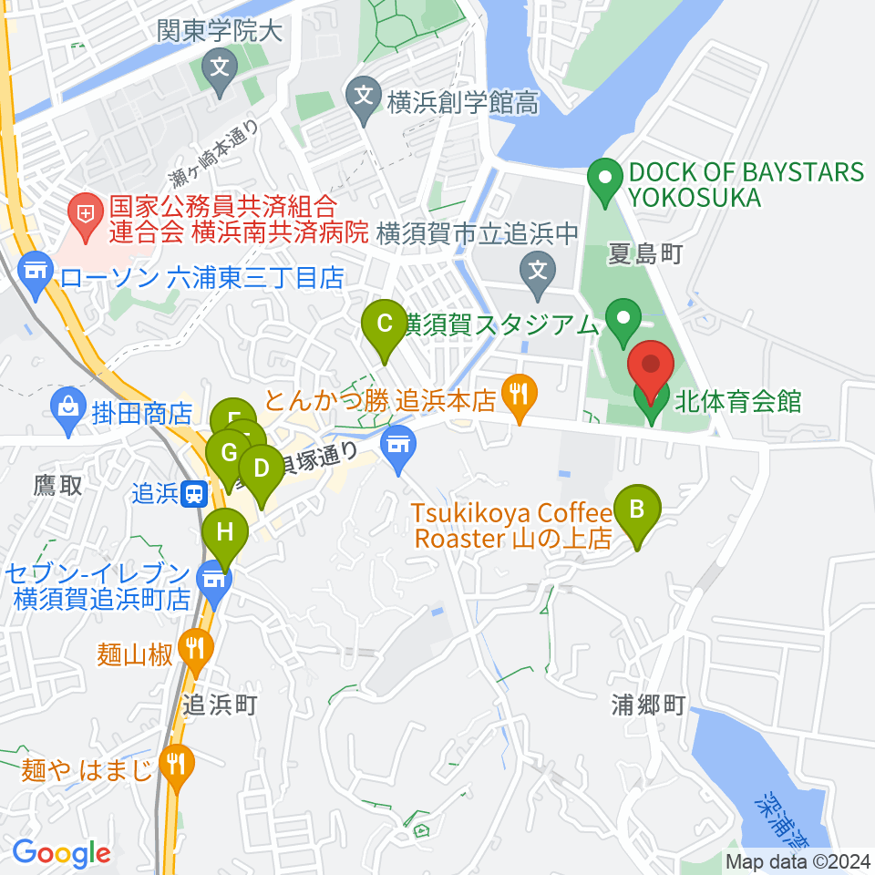 横須賀市北体育会館周辺のカフェ一覧地図