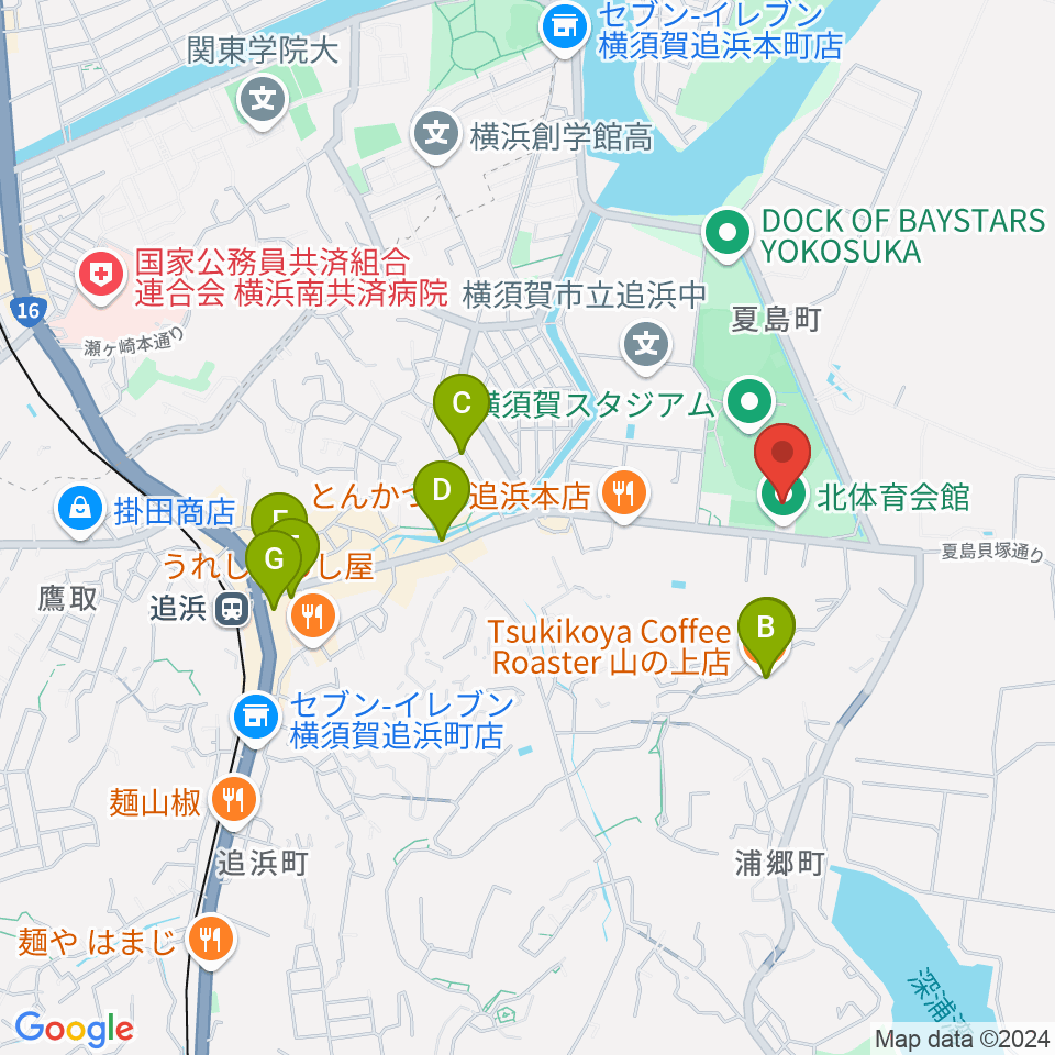 横須賀市北体育会館周辺のカフェ一覧地図