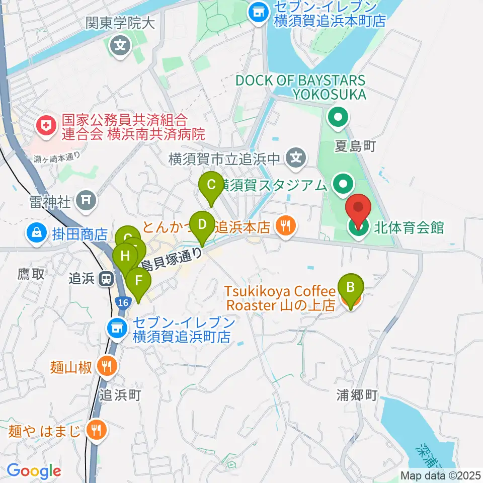 横須賀市北体育会館周辺のカフェ一覧地図