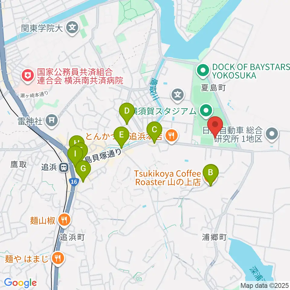 横須賀市北体育会館周辺のカフェ一覧地図