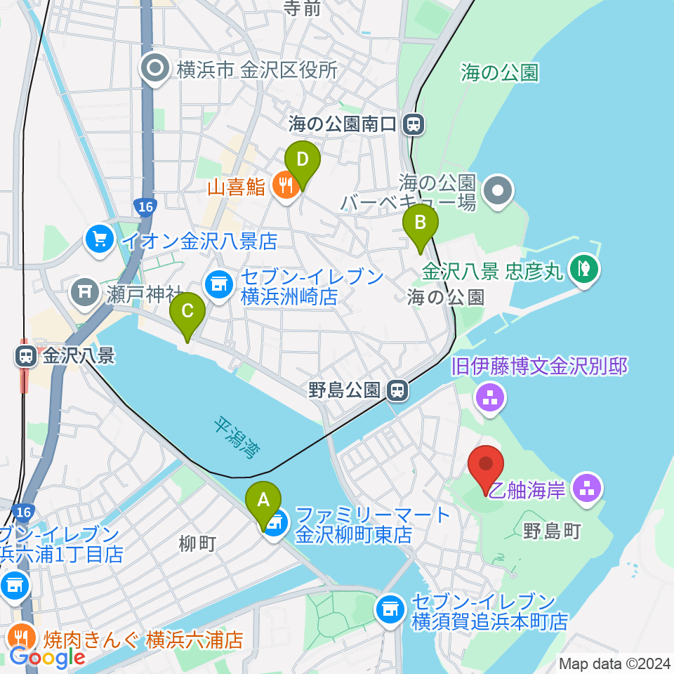 野島公園野球場周辺のカフェ一覧地図