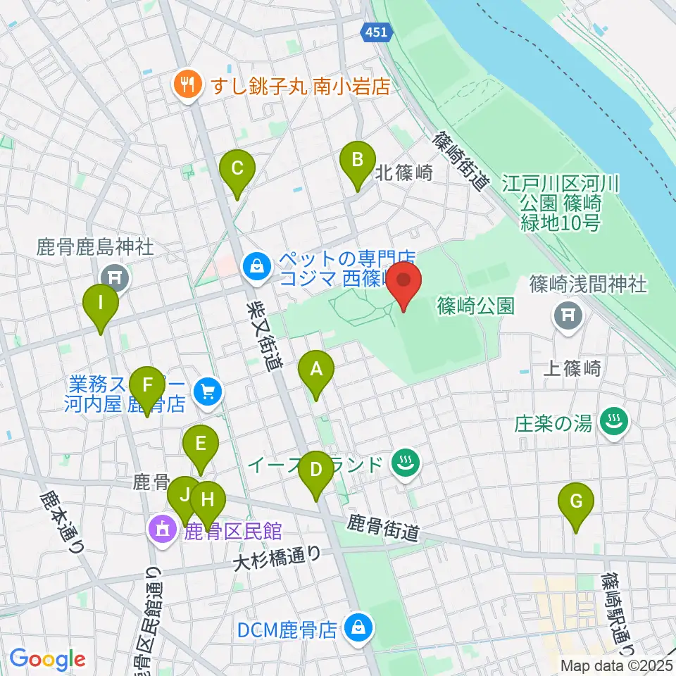 篠崎公園A地区野球場周辺のカフェ一覧地図