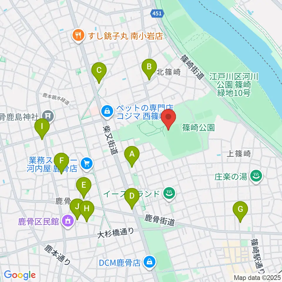 篠崎公園A地区野球場周辺のカフェ一覧地図