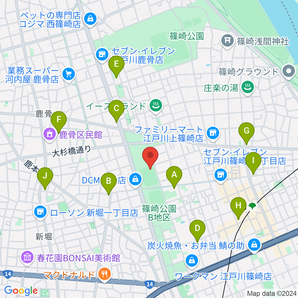 篠崎公園B地区鹿骨野球場周辺のカフェ一覧地図