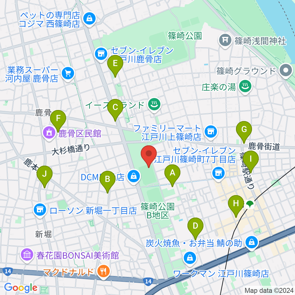 篠崎公園B地区鹿骨野球場周辺のカフェ一覧地図