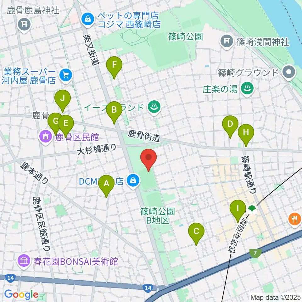 篠崎公園B地区鹿骨野球場周辺のカフェ一覧地図
