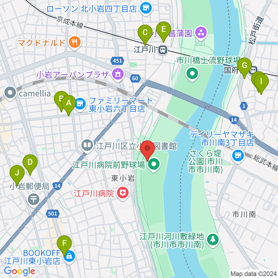 江戸川病院前野球場周辺のカフェ一覧地図