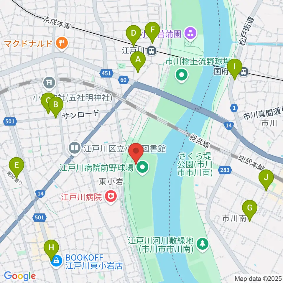 江戸川病院前野球場周辺のカフェ一覧地図