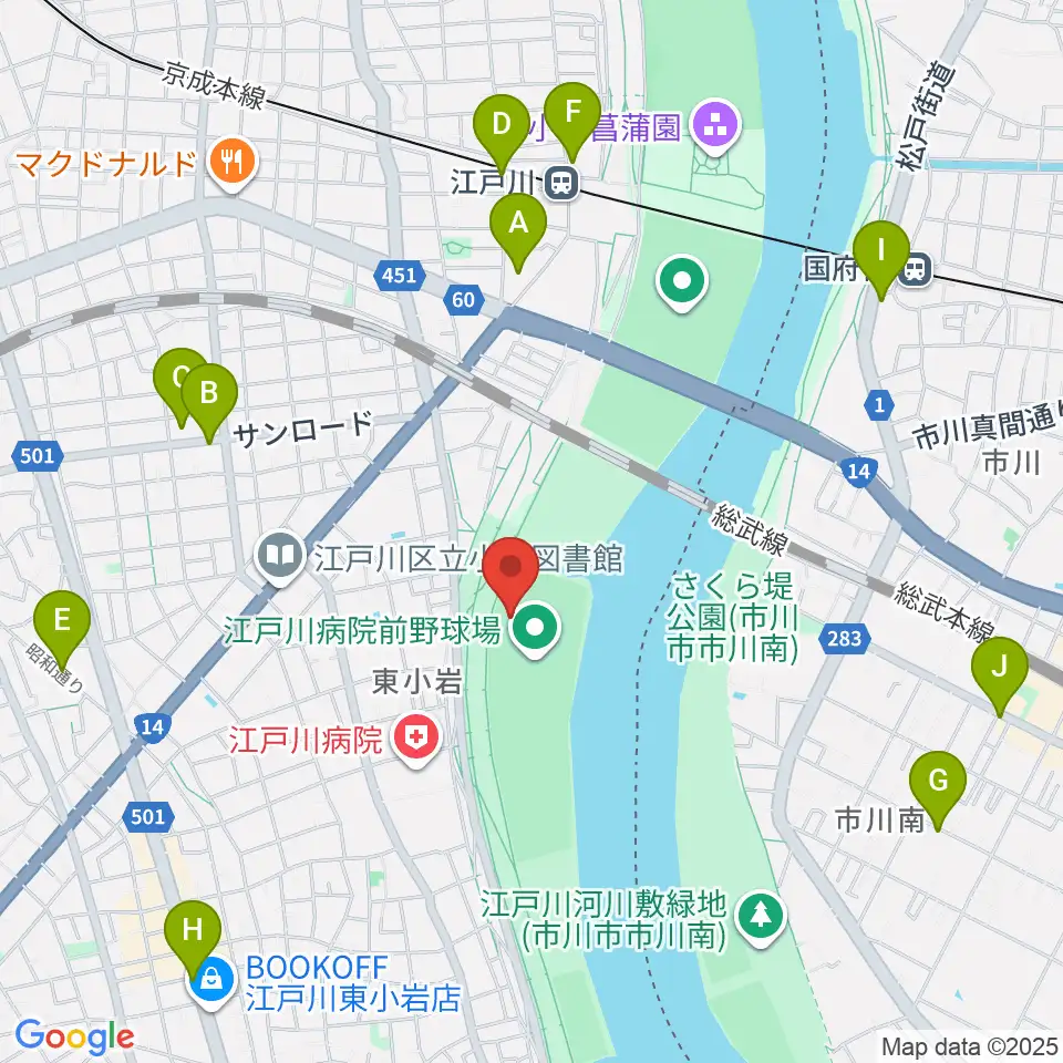 江戸川病院前野球場周辺のカフェ一覧地図