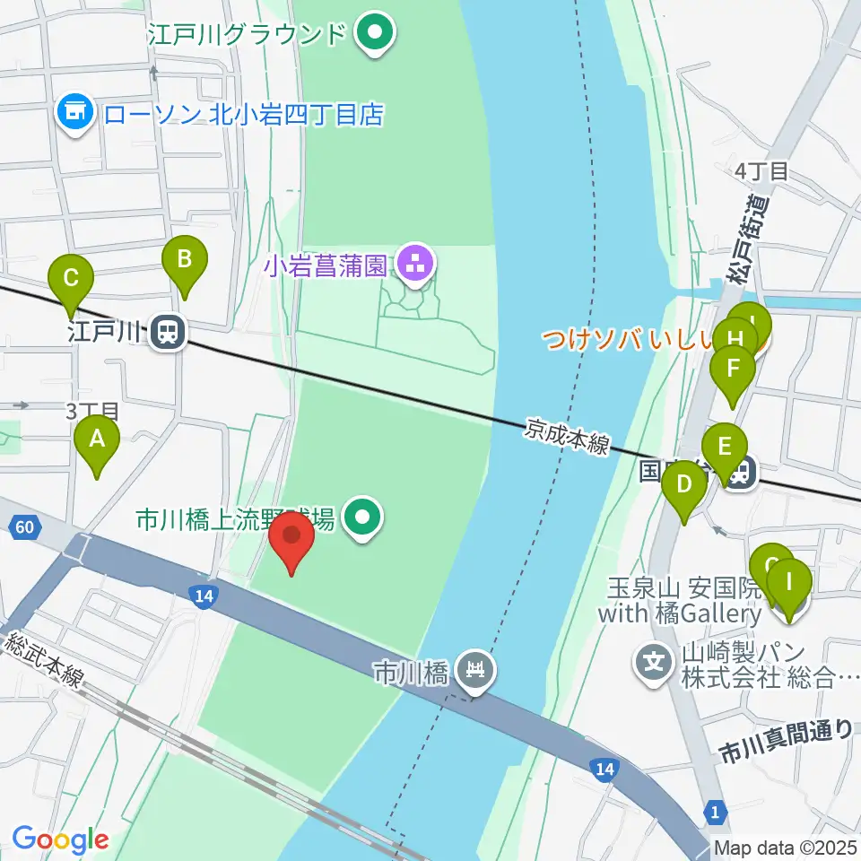 市川橋上流野球場周辺のカフェ一覧地図