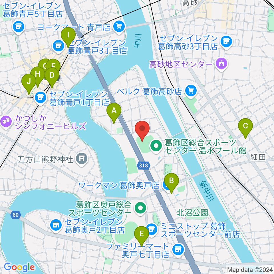 奥戸総合スポーツセンター野球場周辺のカフェ一覧地図