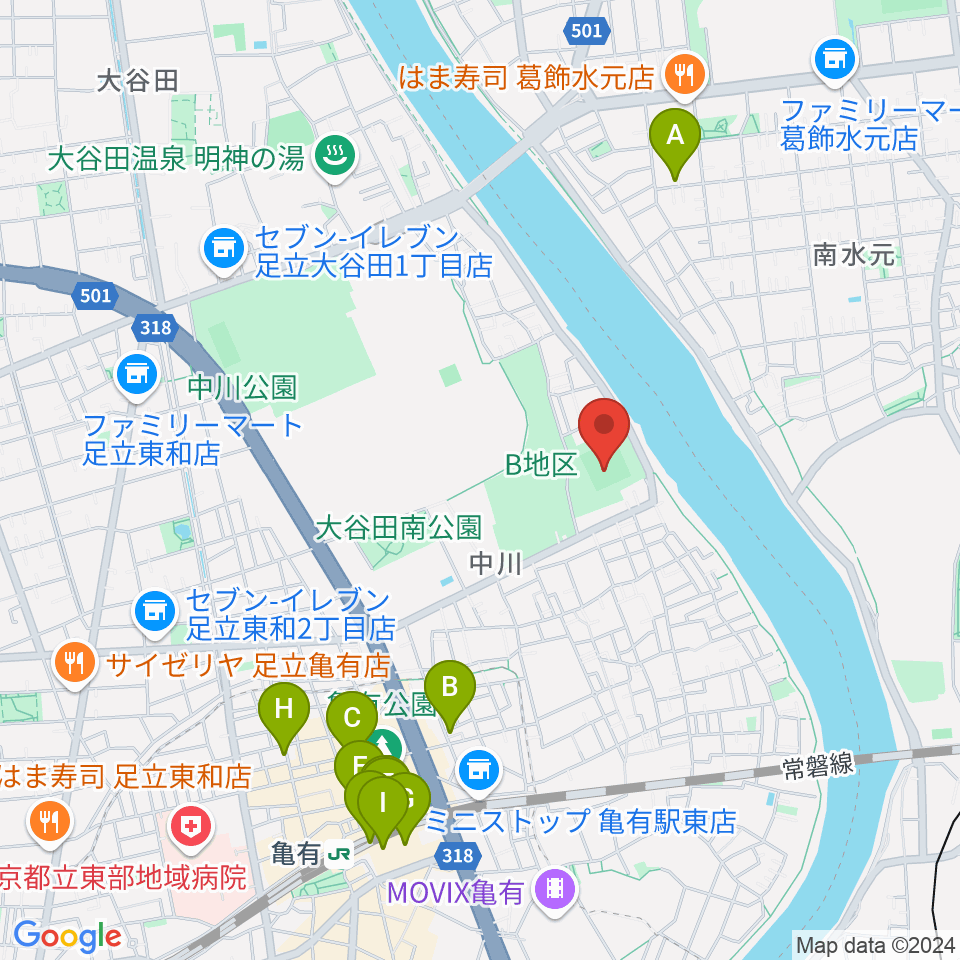 中川公園野球場周辺のカフェ一覧地図