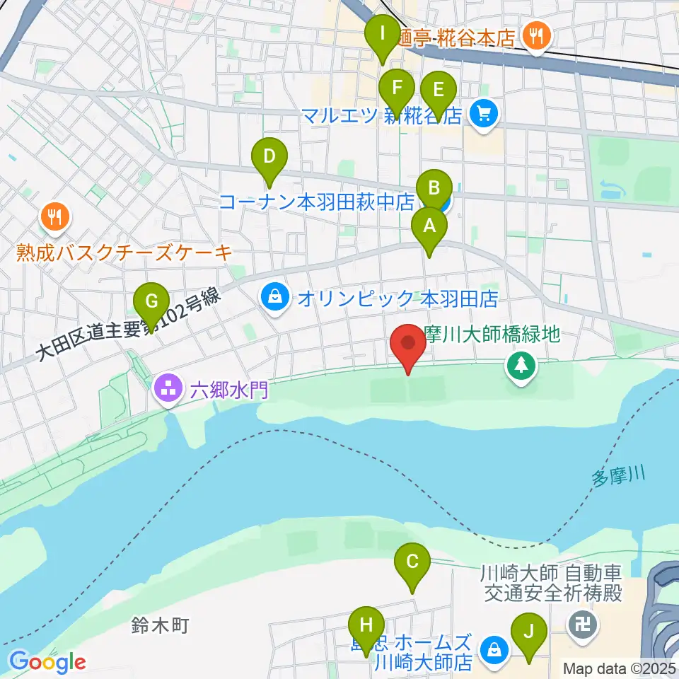 多摩川大師橋緑地野球場周辺のカフェ一覧地図
