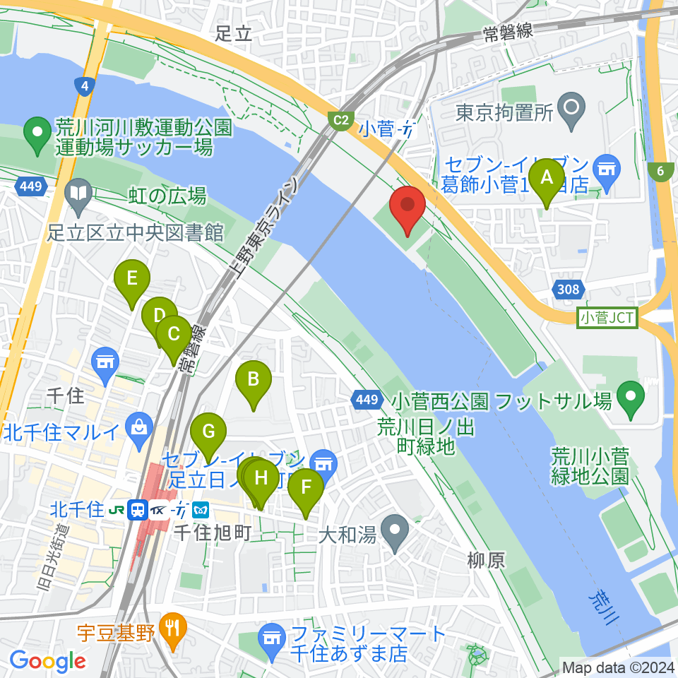 五反野野球場周辺のカフェ一覧地図