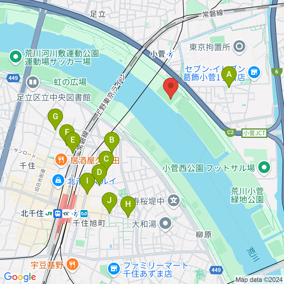 五反野野球場周辺のカフェ一覧地図