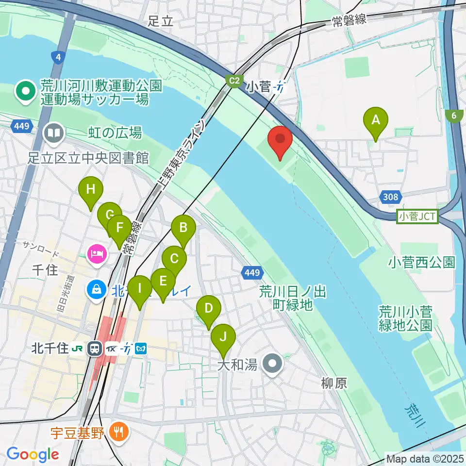五反野野球場周辺のカフェ一覧地図