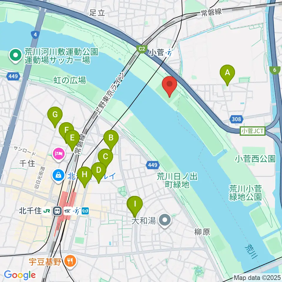 五反野野球場周辺のカフェ一覧地図