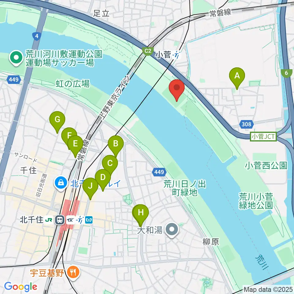 五反野野球場周辺のカフェ一覧地図